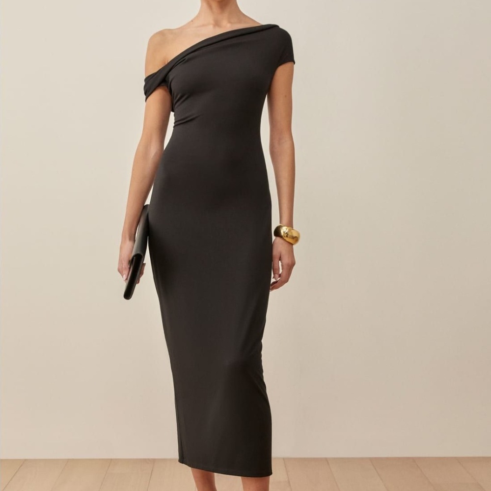 New Reformation Jamen Off Shoulder Knit Midi Dress in Black Size L